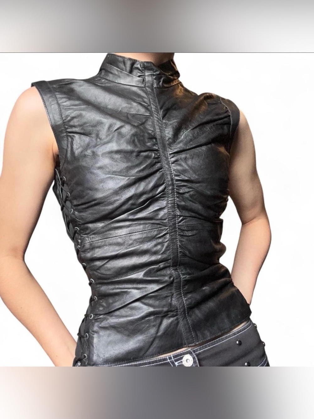 Vintage cyber goth dominatrix black genuine leather high neck corset top